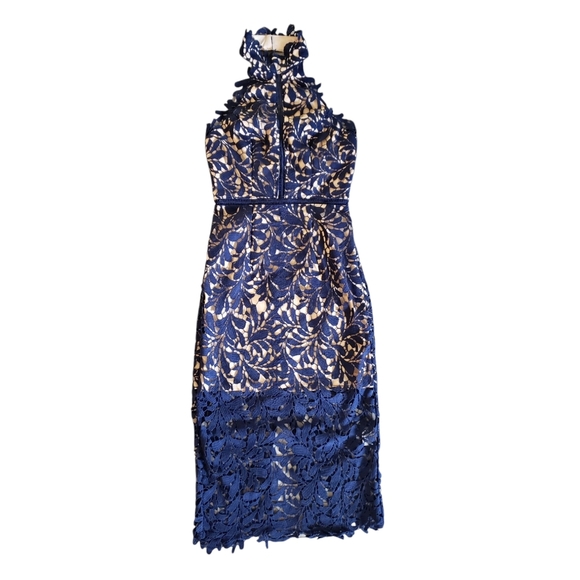 Blush Mark Navy / Nude Lace High Neck Cocktail Dress With Slit XS - Picture 1 of 10